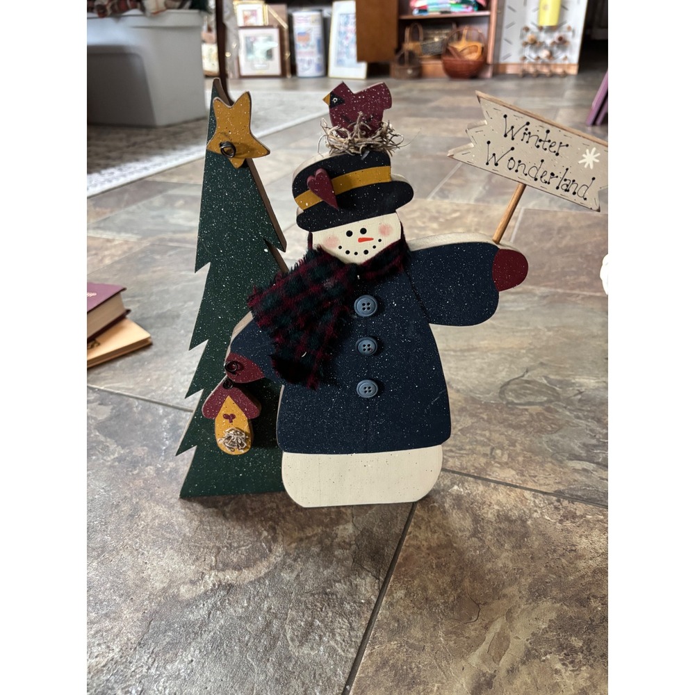 Rustic Wooden‎ Snowman Figurine Winter Wonderland Christmas Decor Cardinal Tree
